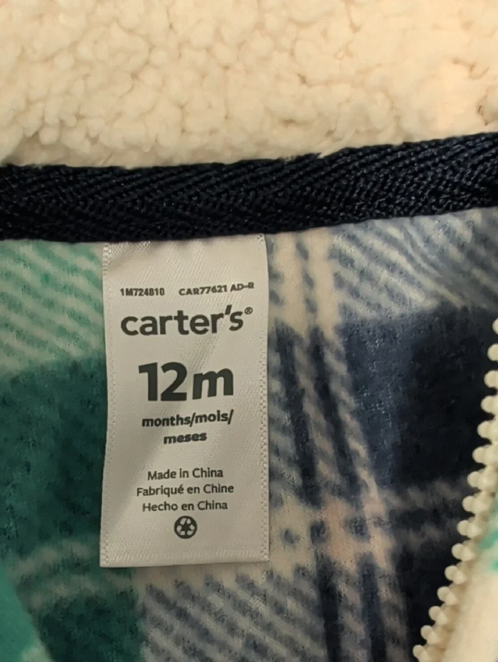 Carter's Plaid Sherpa-Lined Hooded Jacket - Teal, Navy & Cream - Picture 4 of 5
